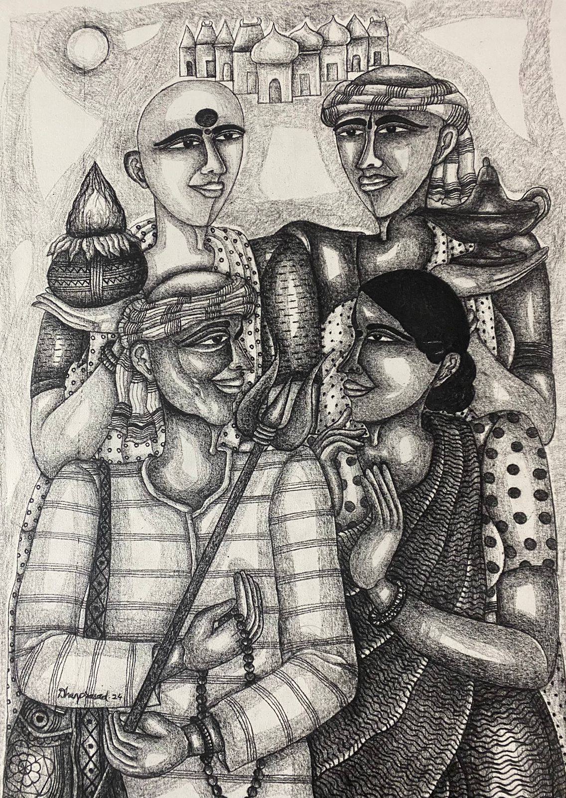 Figurative Painting with Charcoal on Canvas "Back from Darshan-1386" art by Dhan Prasad