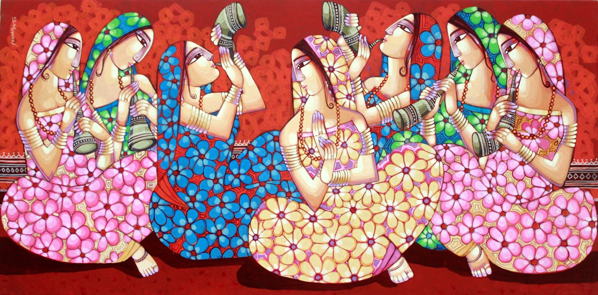 Figurative Painting with Acrylic on Canvas "Purbarag" art by Sekhar Roy