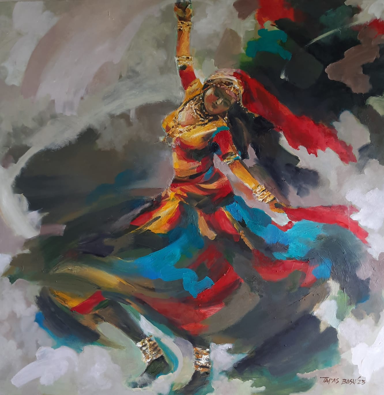 Figurative Painting with Oil on Canvas "Dancer-2075" art by Tapas Basu