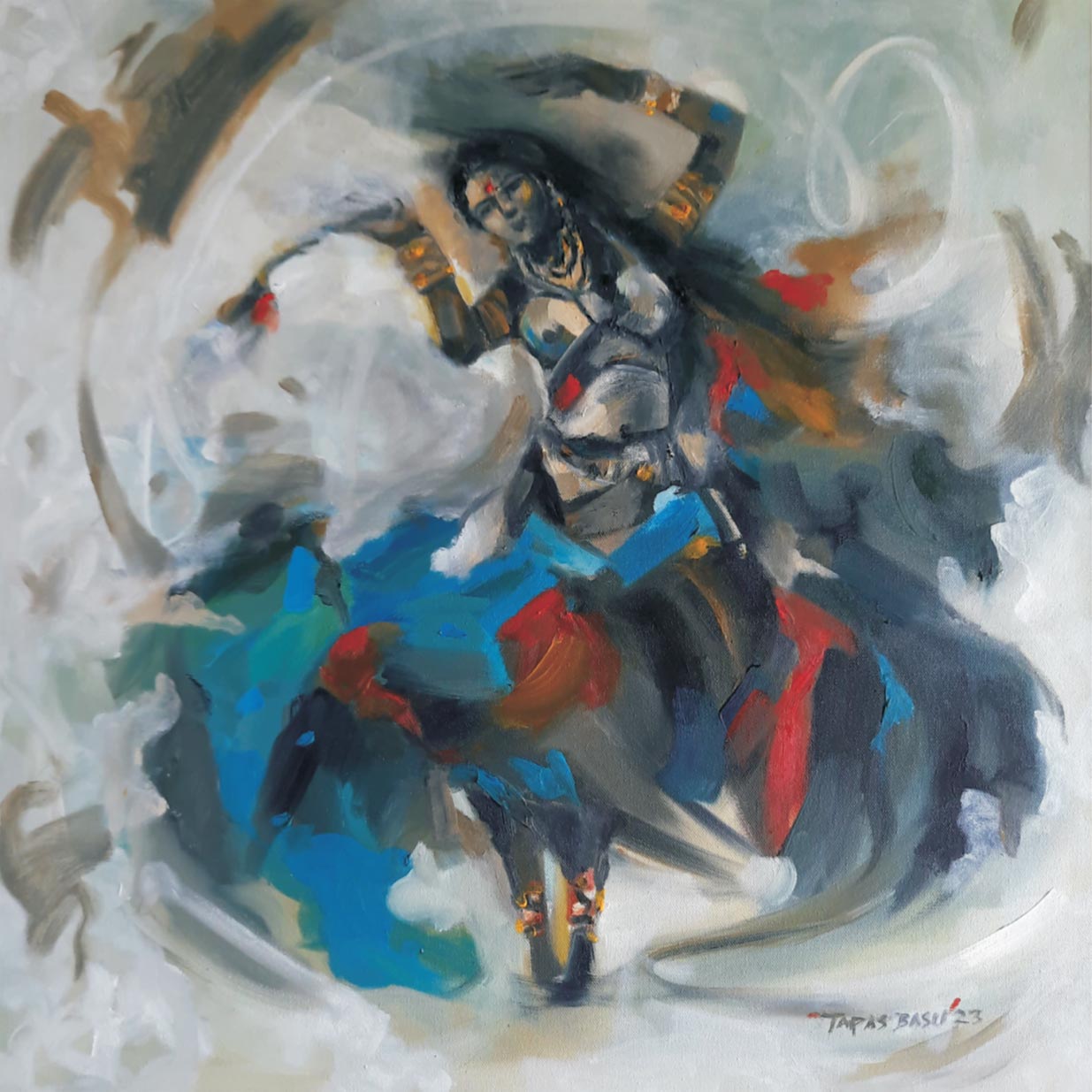 Figurative Painting with Oil on Canvas "Dancer-2167" art by Tapas Basu