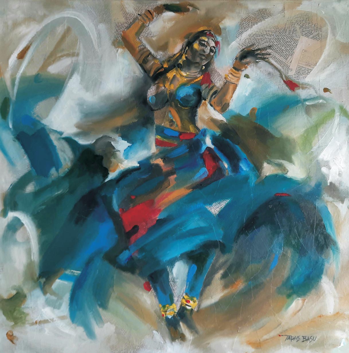 Figurative Painting with Oil on Canvas "Dancer-2168" art by Tapas Basu