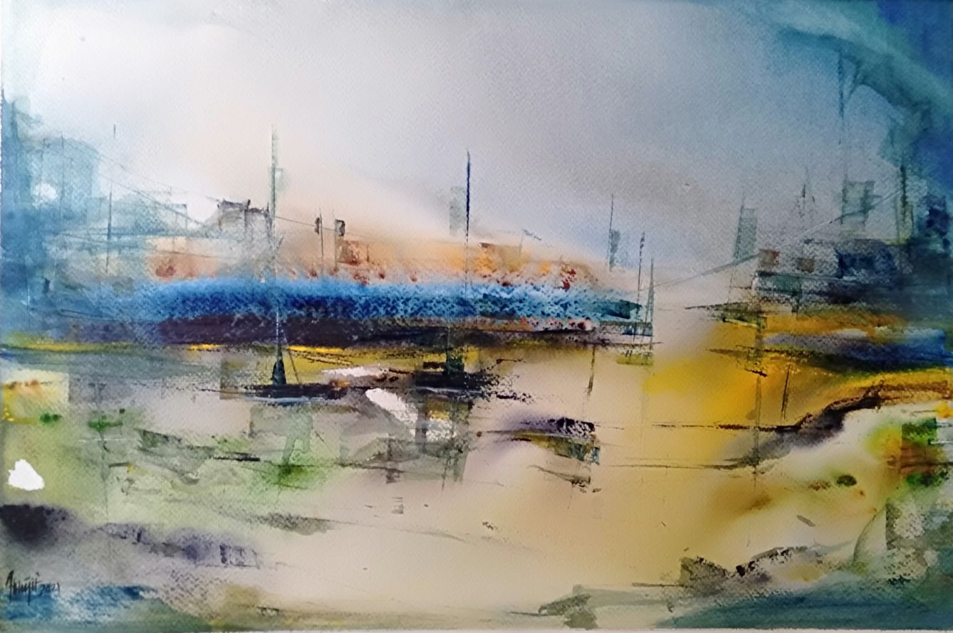 Semi Abstract Painting with Watercolor on Paper "Untitled-168" art by Abhijit Dutta Choudhury