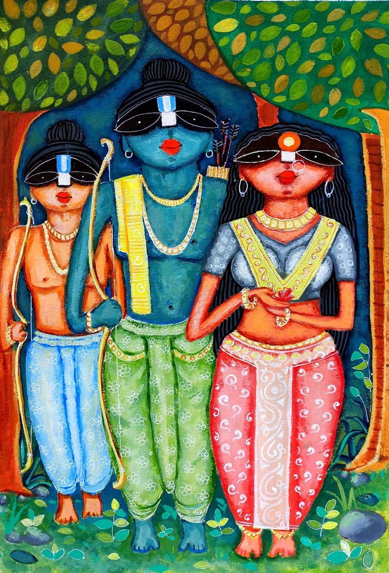 Figurative Painting with Acrylic on Paper "Ram Sita and Lakshman in Banvas" art by Tuhin Rakshit