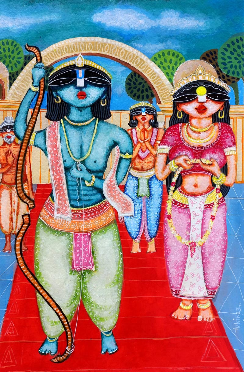 Figurative Painting with Acrylic on Paper "Wedding of Ram and Sita" art by Tuhin Rakshit