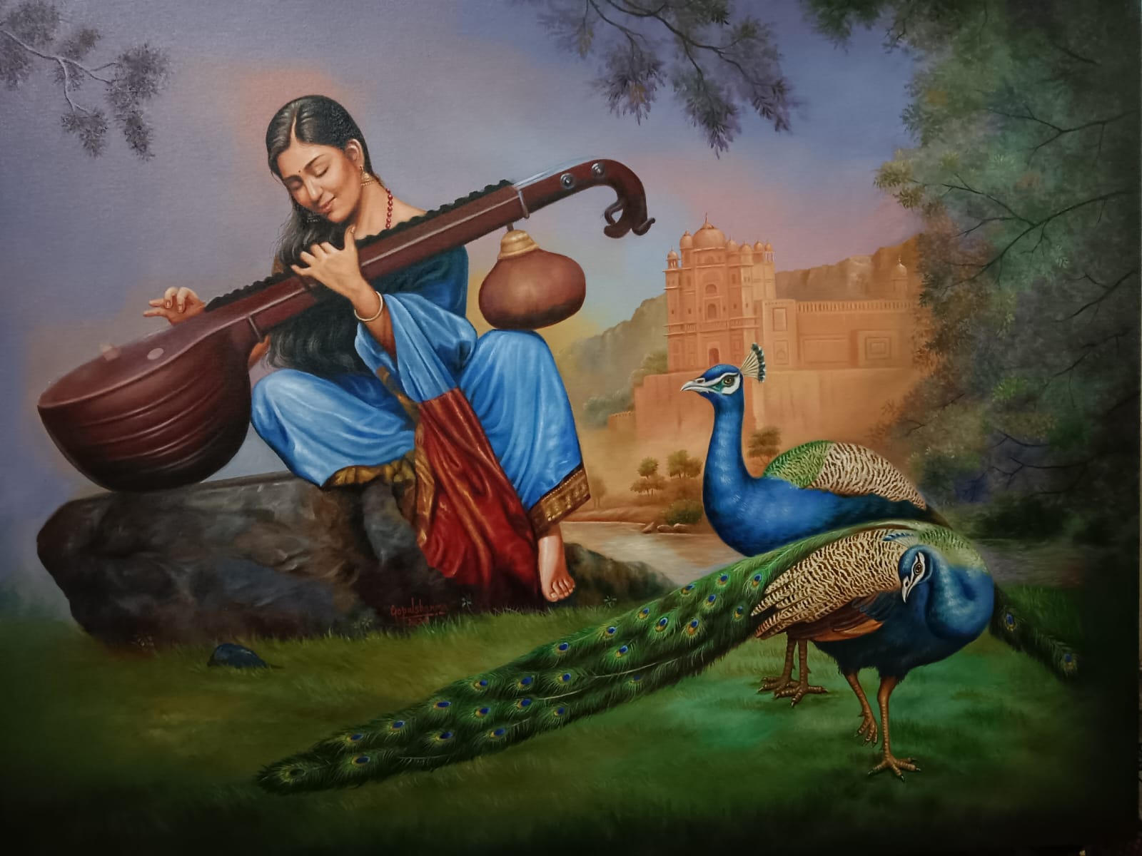 Realism Painting with Oil on Canvas "Indian Musician" art by Gopal Sharma