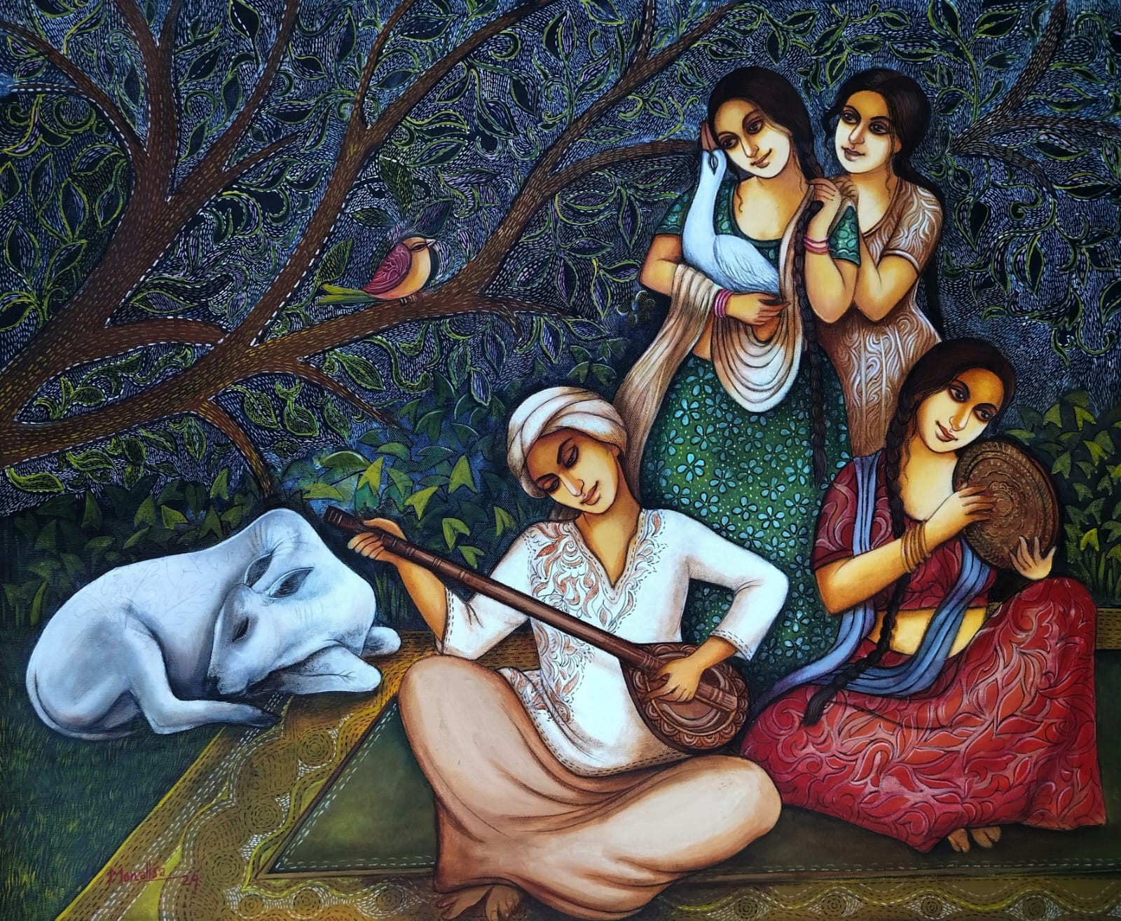 Figurative Painting with Acrylic on Canvas "Song of Nature" art by Monalisa Sarkar Mitra