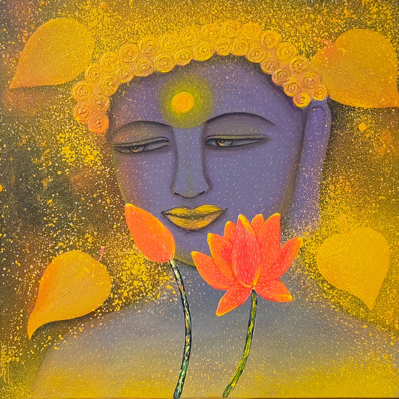 Figurative Painting with Acrylic on Canvas "Buddha-1852" art by Sadaf Beg Khan