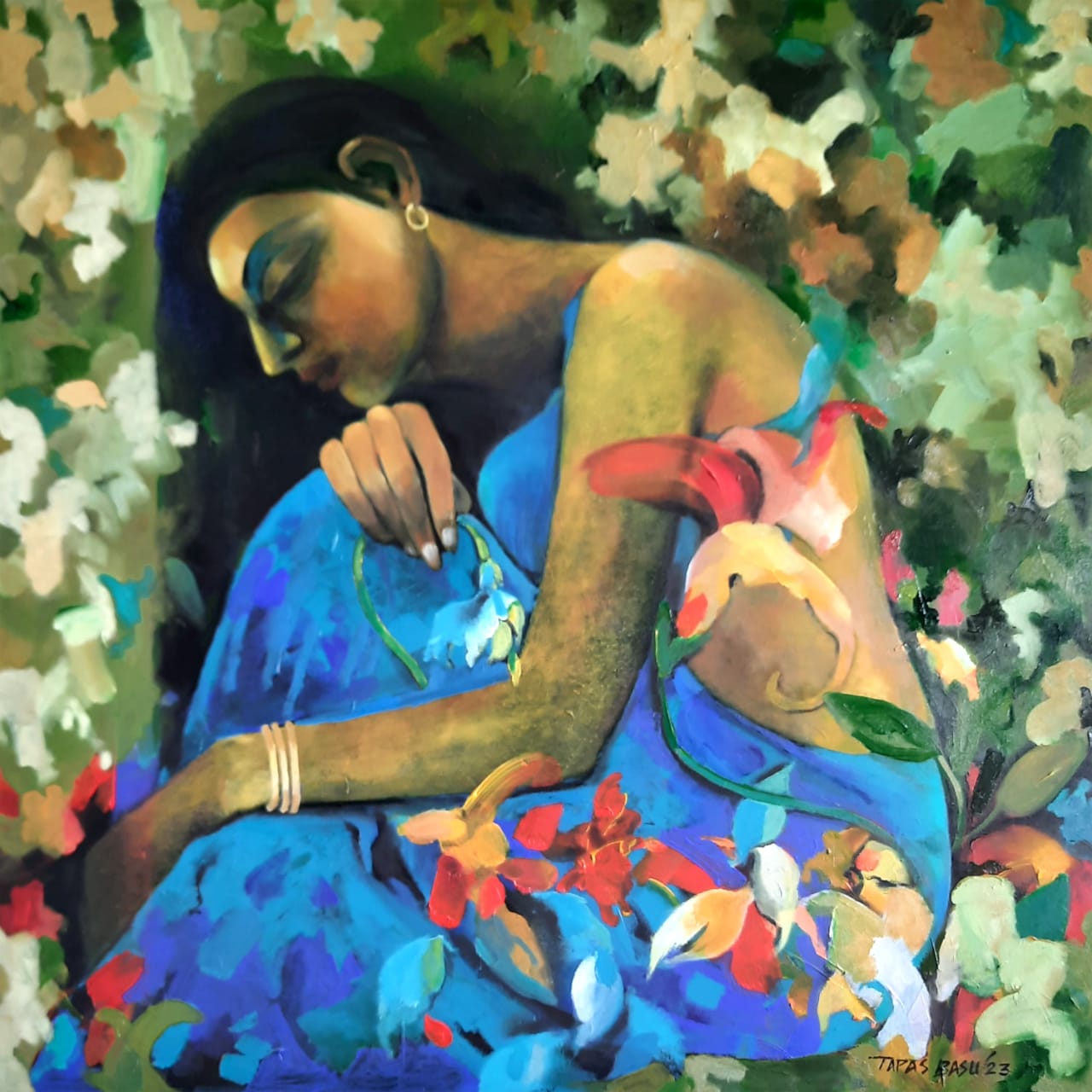 Contemporary Painting with Oil on Canvas "Lady with Flowers" art by Tapas Basu