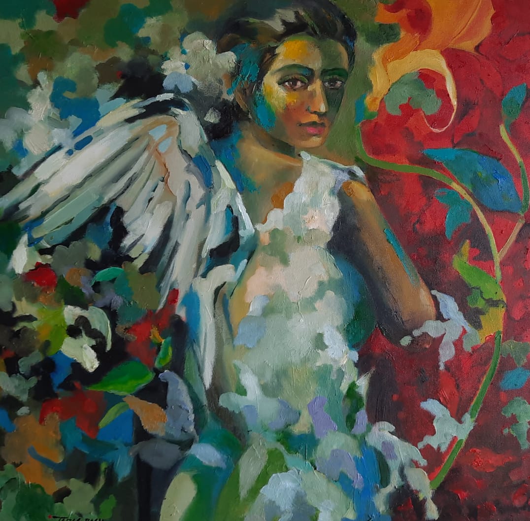 Contemporary Painting with Oil on Canvas "Wings" art by Tapas Basu