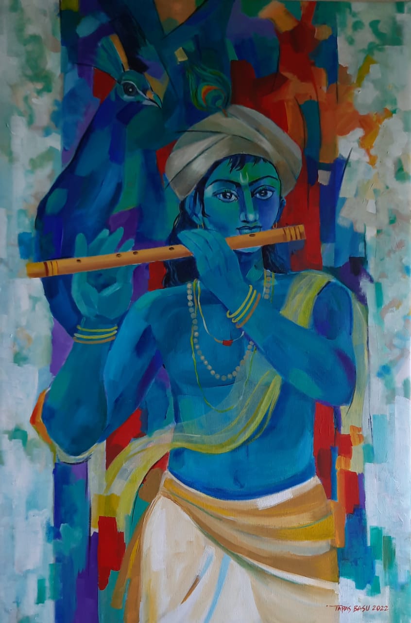 Figurative Painting with Oil on Canvas "Krishna" art by Tapas Basu