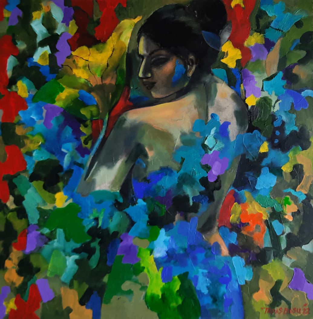 Figurative Painting with Oil on Canvas "Eternal Beauty" art by Tapas Basu