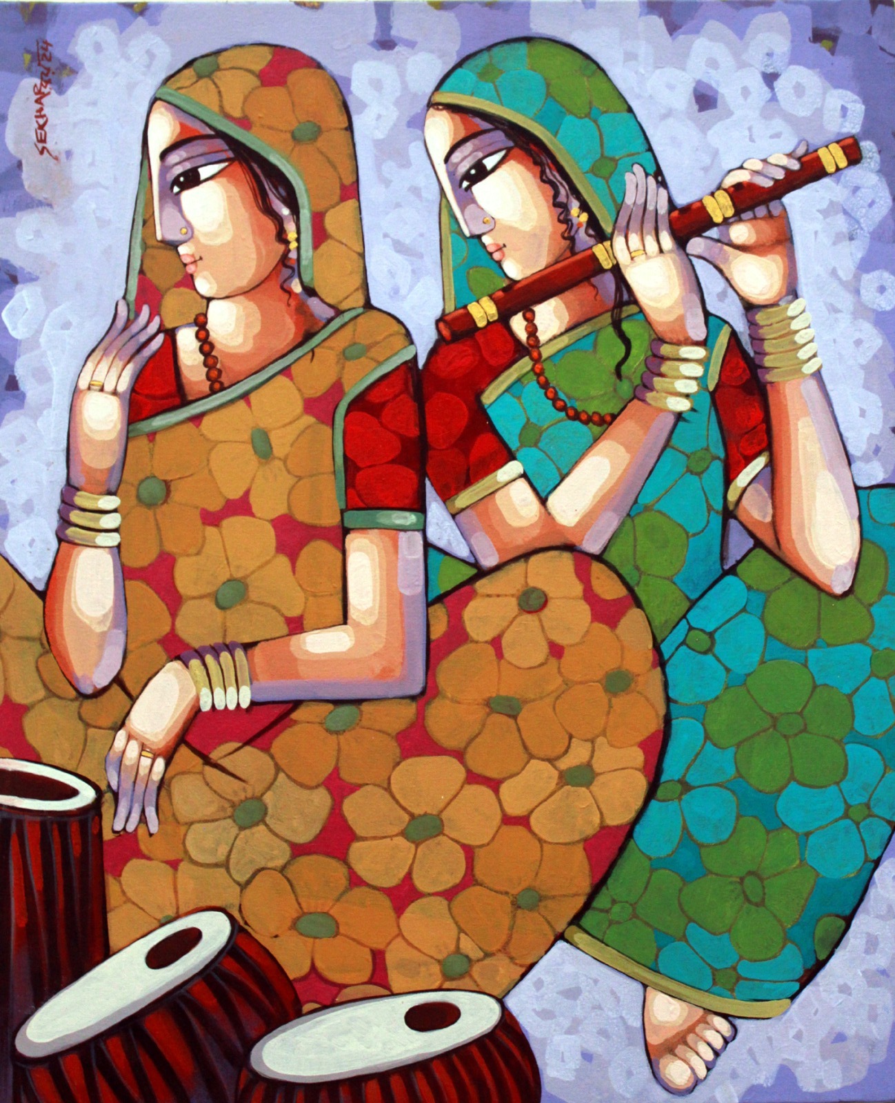 Figurative Painting with Acrylic on Canvas "Raga Basant" art by Sekhar Roy