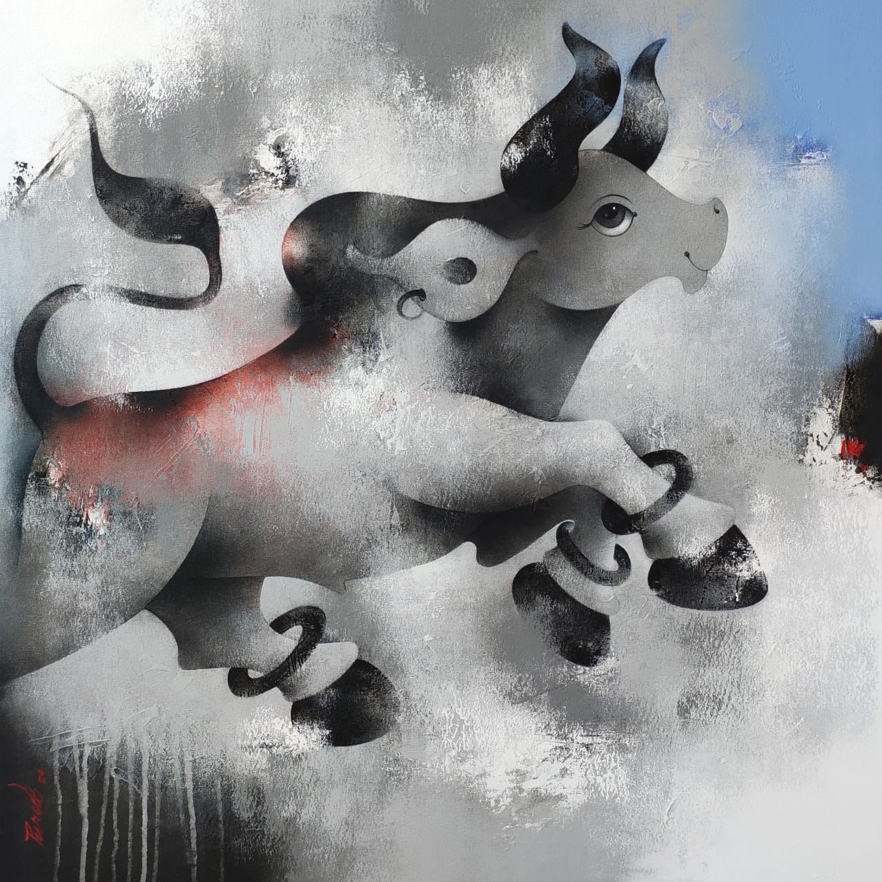 Figurative Painting with Acrylic on Canvas "Nandi-1611" art by Paras Parmar