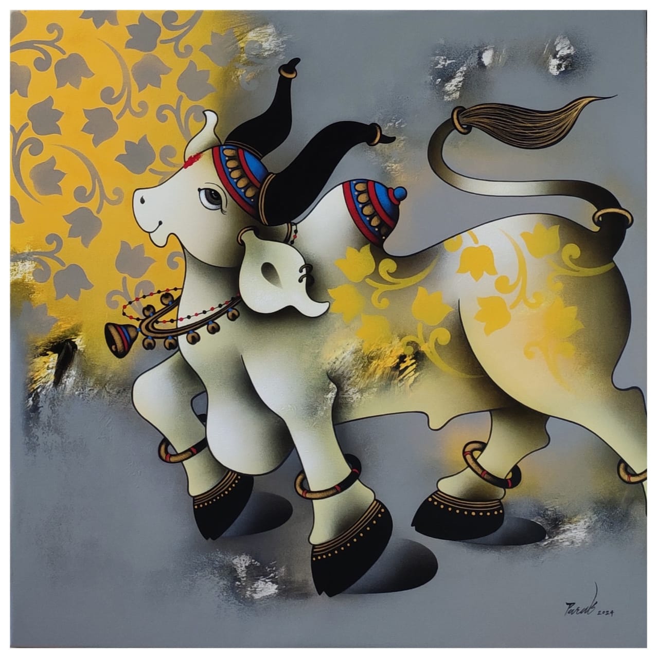 Figurative Painting with Acrylic on Canvas "Dancing Nandi-2174" art by Paras Parmar