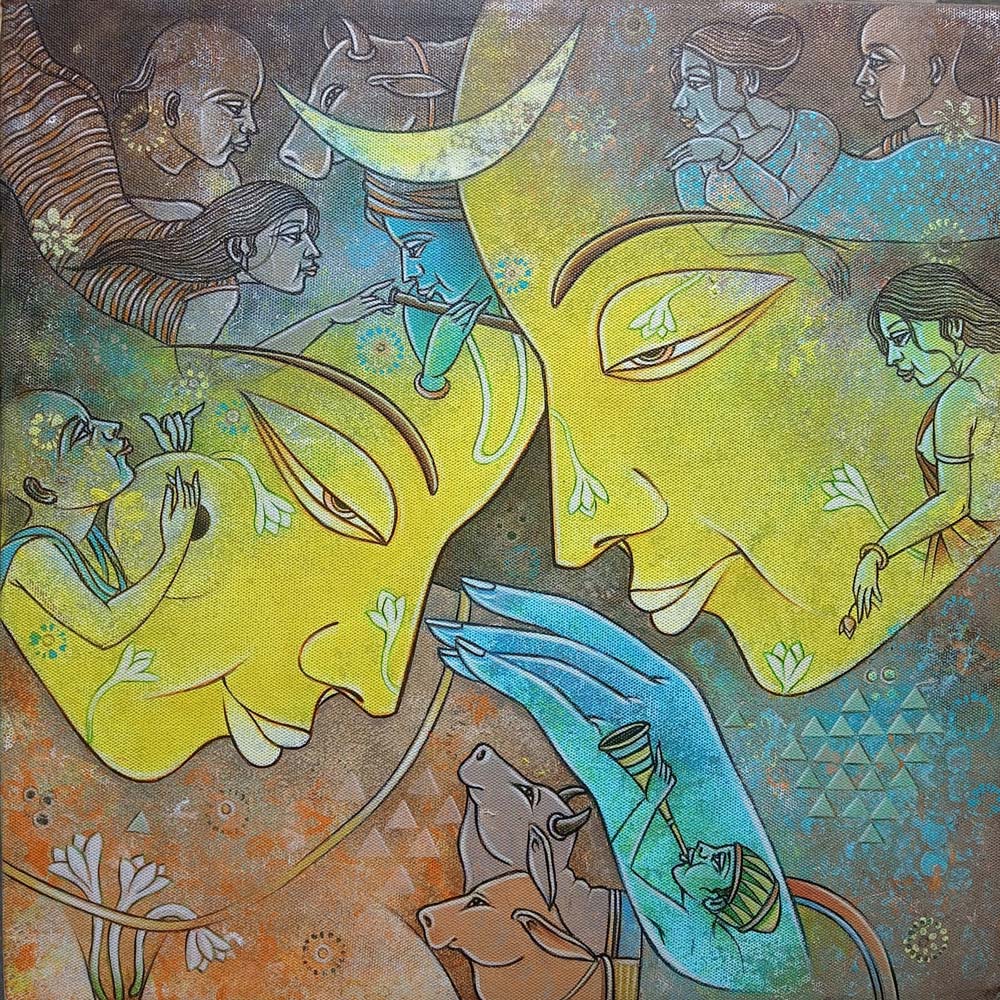 Figurative Painting with Acrylic on Canvas "Couple-2" art by Dipnarayan Paul