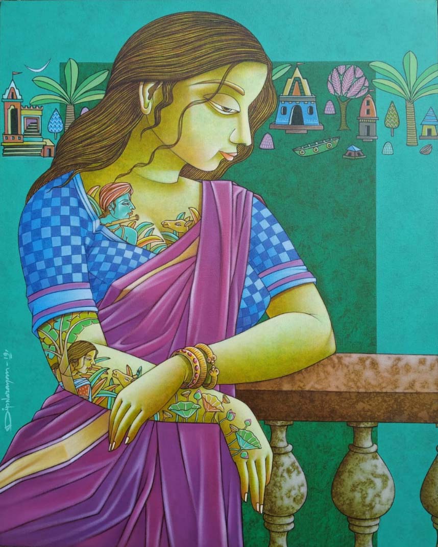 Figurative Painting with Acrylic on Canvas "Waiting" art by Dipnarayan Paul