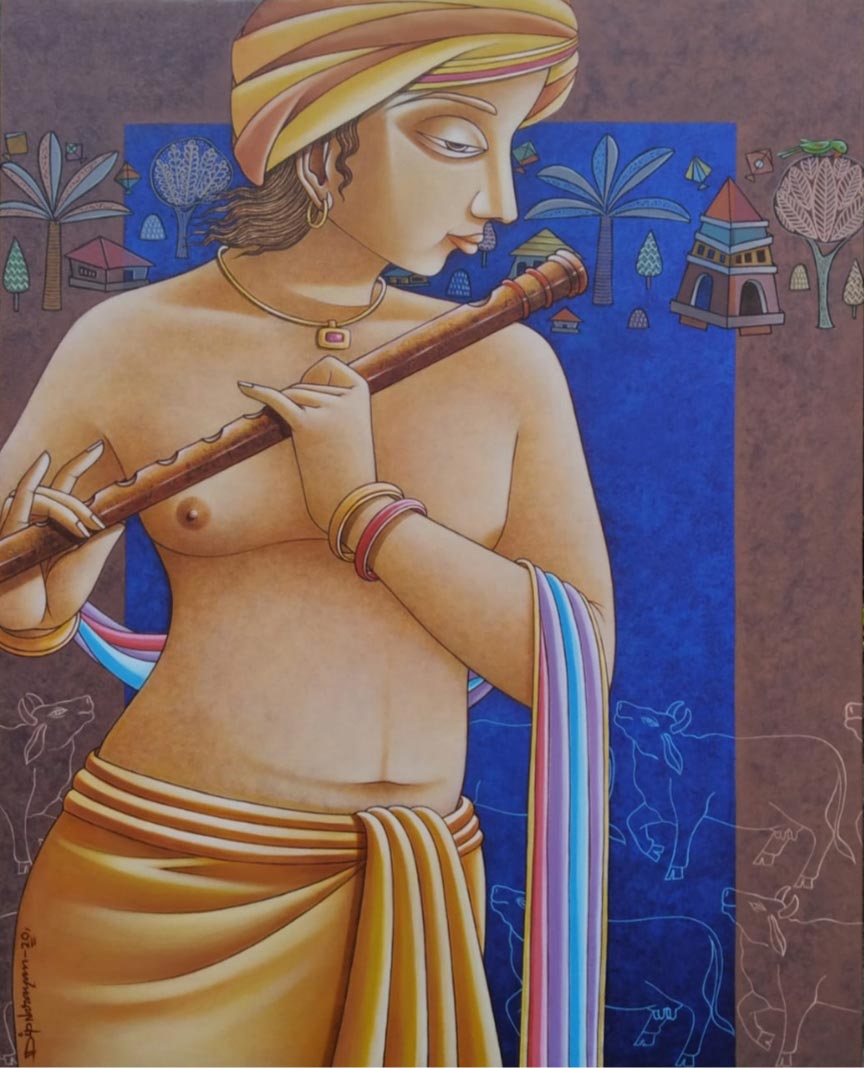 Figurative Painting with Acrylic on Canvas "Krishna" art by Dipnarayan Paul