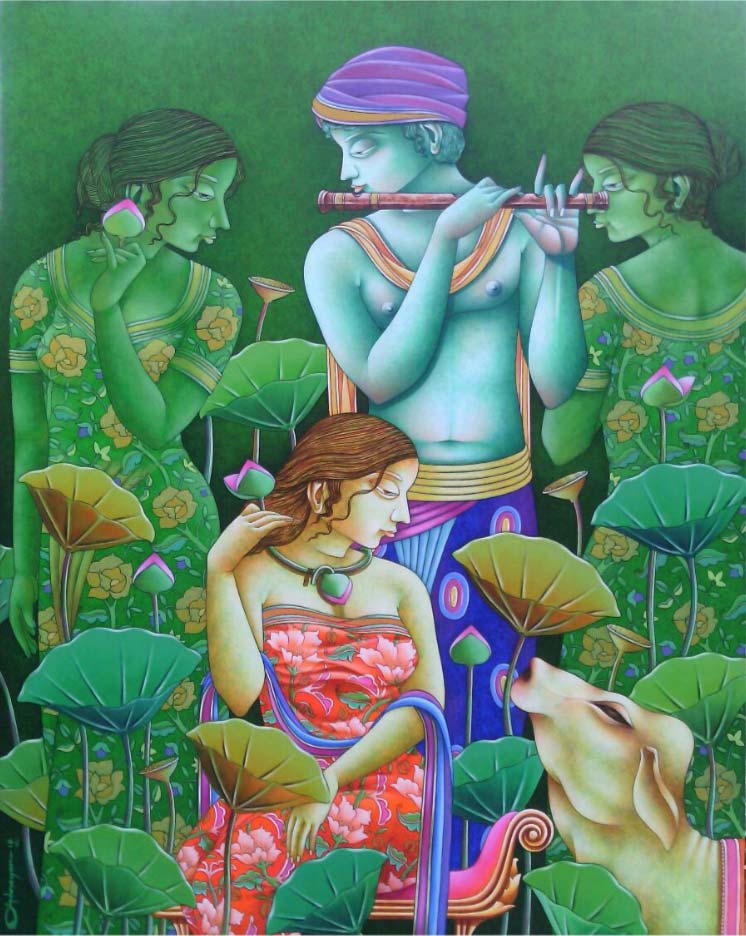 Figurative Painting with Acrylic on Canvas "Joy of Love" art by Dipnarayan Paul