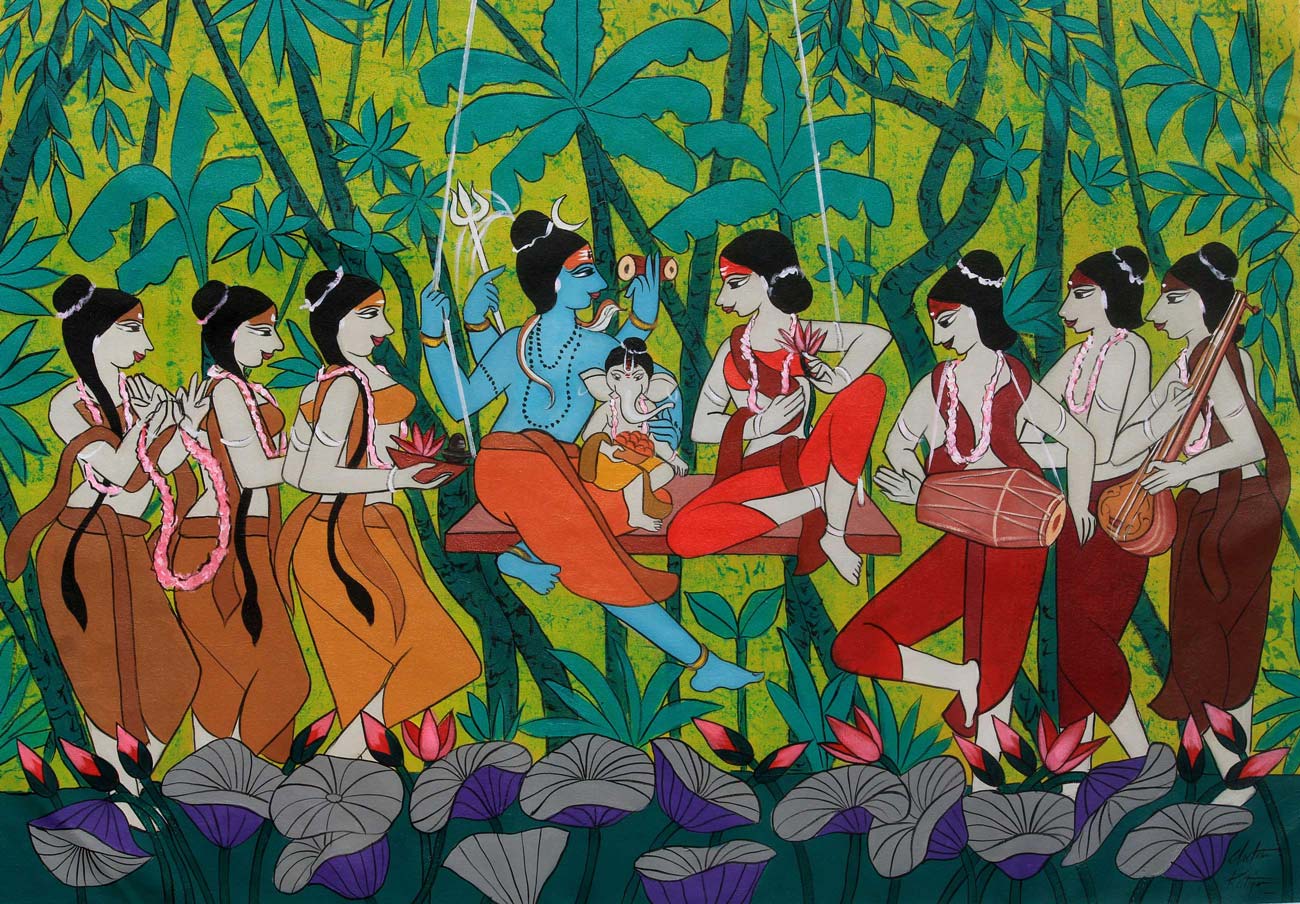 Figurative Painting with Acrylic on Canvas "Divine Family" art by Chetan Katigar