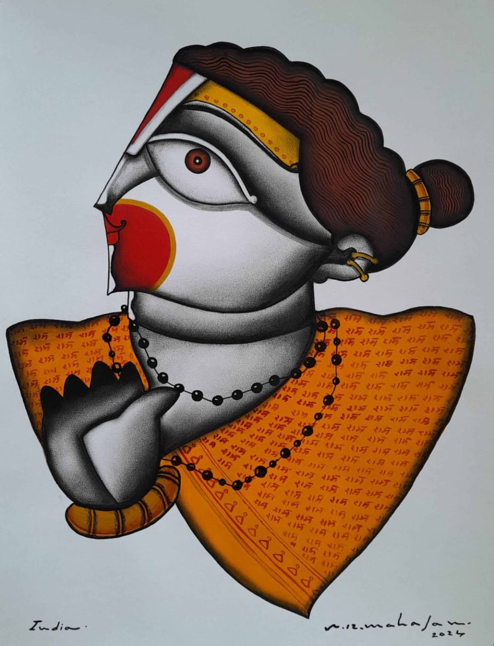 Figurative Painting with Charcoal on Paper "Hanuman-1350" art by Arvind Rajaram Mahajan