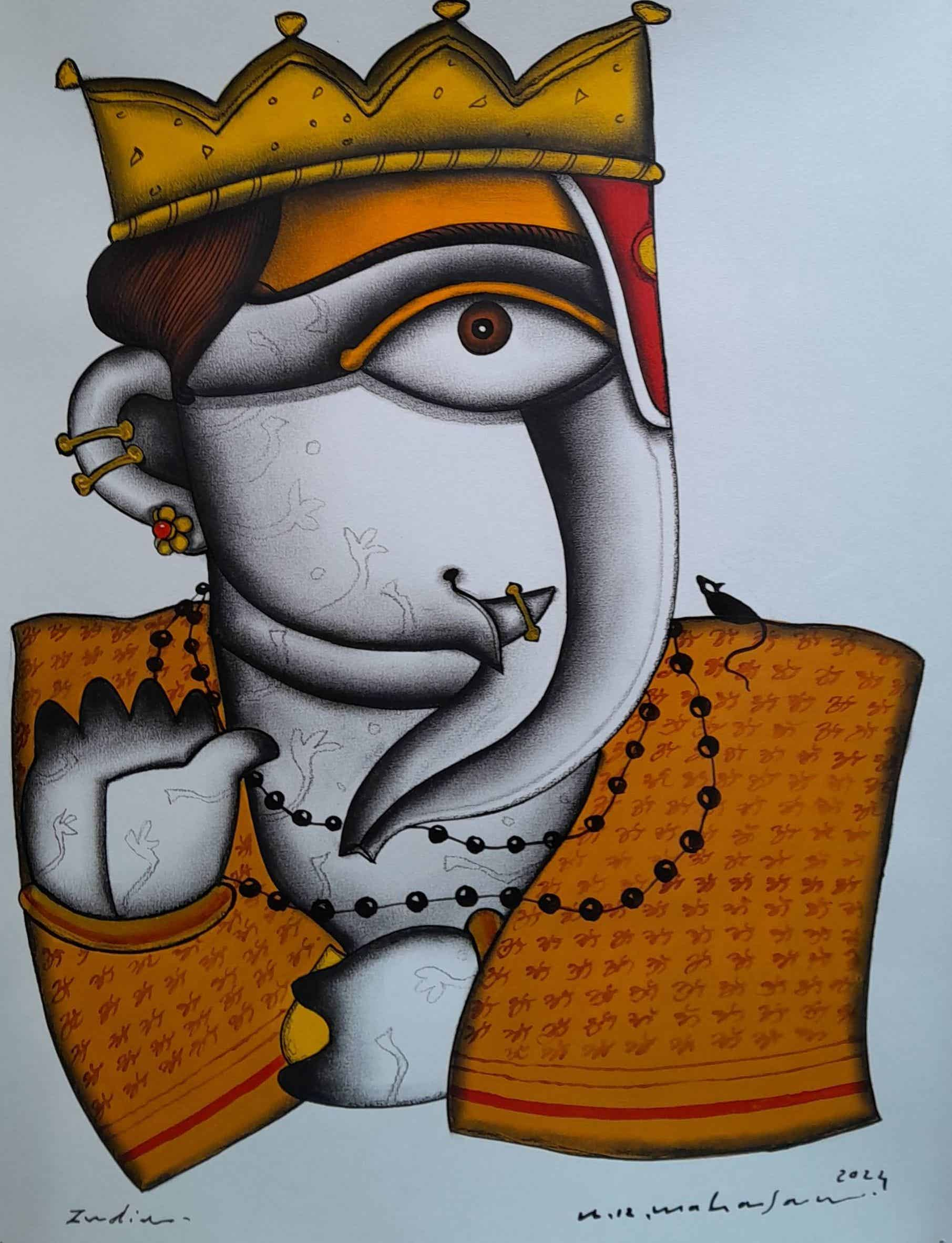 Figurative Painting with Charcoal on Paper "Ganesha-1351" art by Arvind Rajaram Mahajan