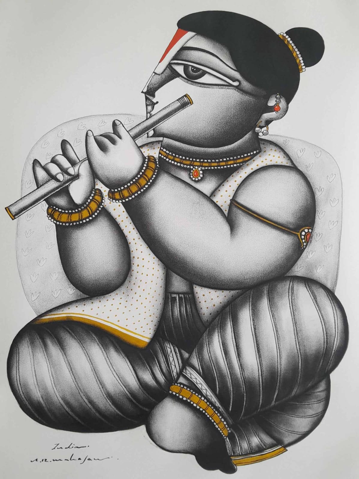 Figurative Painting with Acrylic on Paper "Krishna" art by Arvind Rajaram Mahajan