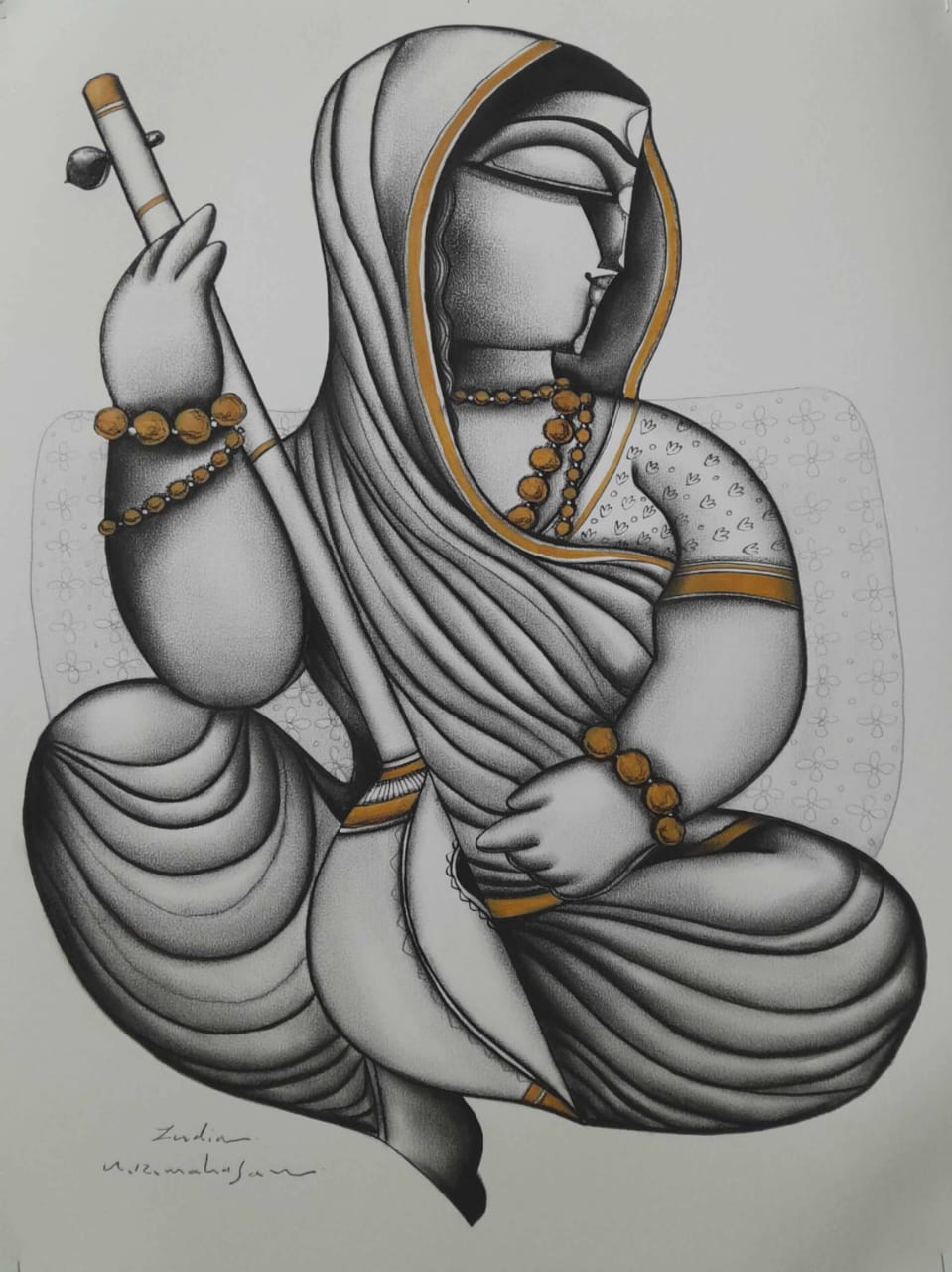 Figurative Painting with Acrylic on Paper "Radha" art by Arvind Rajaram Mahajan