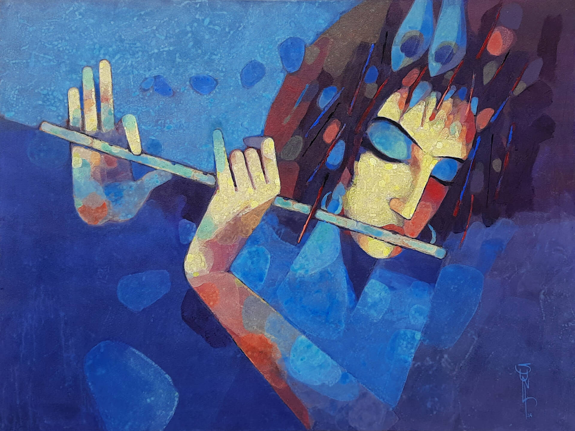 Figurative Painting with Acrylic on Canvas "Flutist-3" art by Sunil Shelke