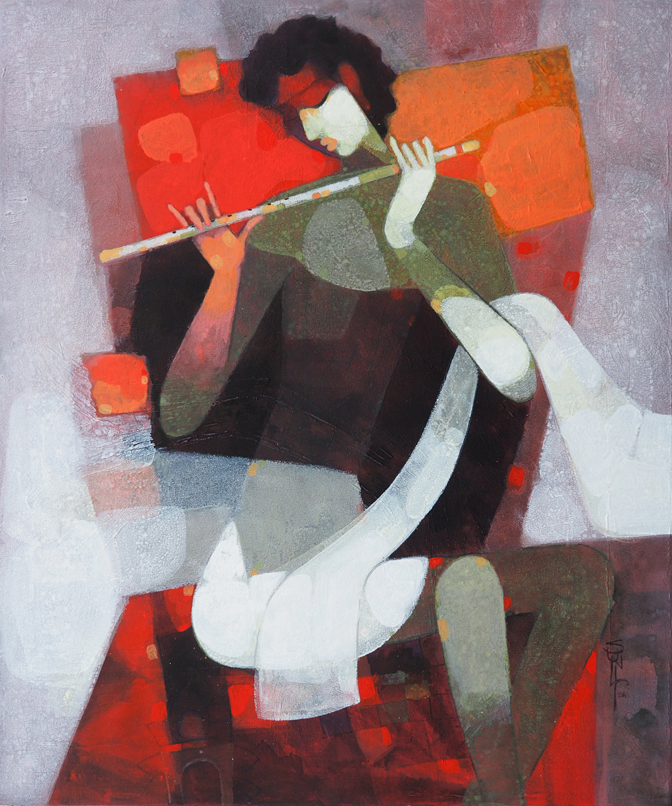 Figurative Painting with Acrylic on Canvas "Flutist" art by Sunil Shelke