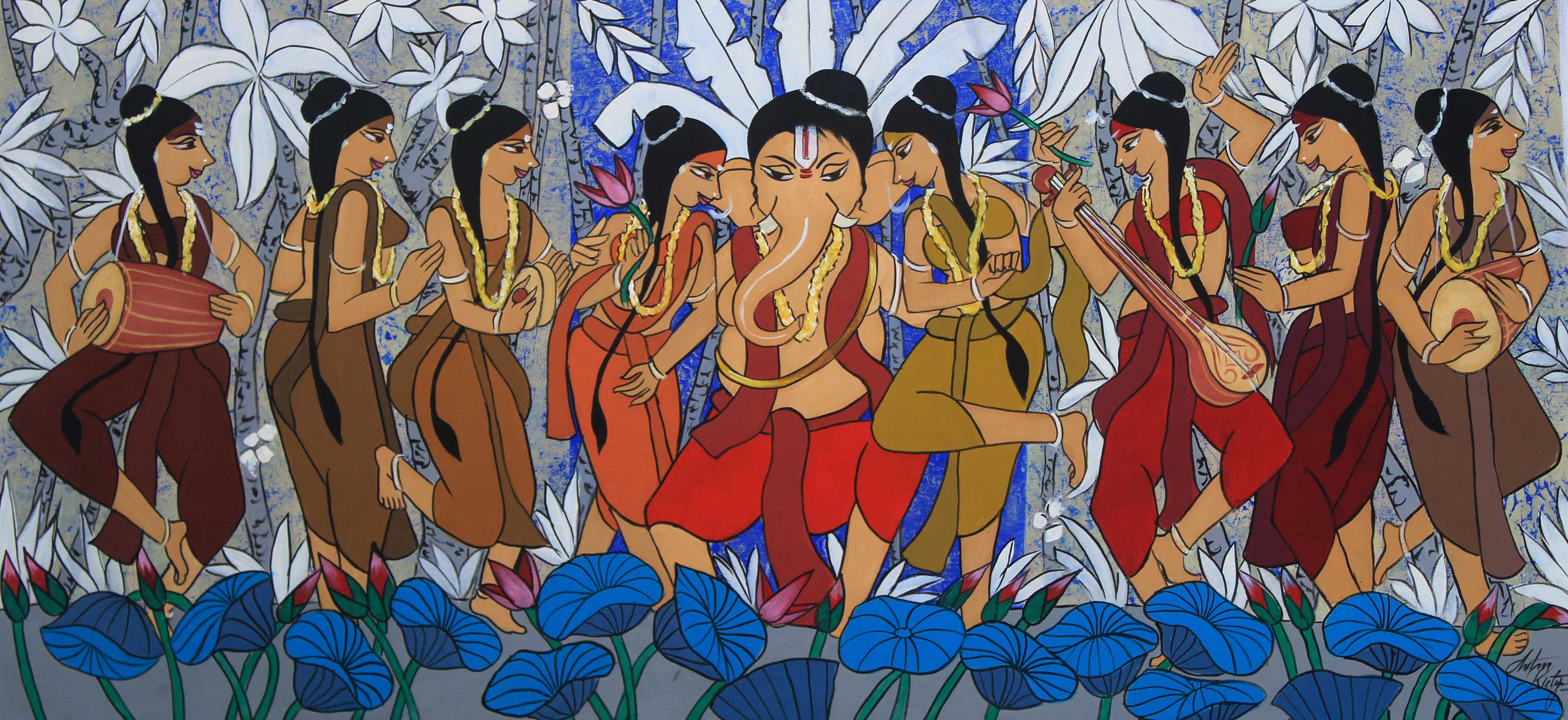 Figurative Painting with Acrylic on Canvas "Riddhi Siddhi" art by Chetan Katigar