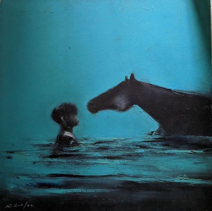 Figurative Painting with Oil on Canvas "Boy with Horse" art by Shiv Lal Bagria