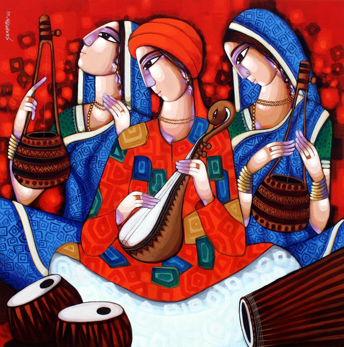 Figurative Painting with Acrylic on Canvas "Bengali Tune" art by Sekhar Roy