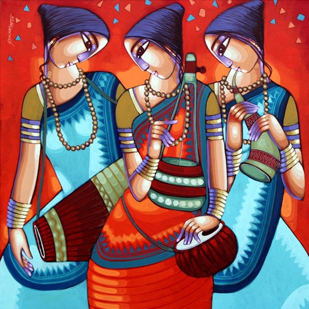 Figurative Painting with Acrylic on Canvas "Tune of Bengal" art by Sekhar Roy