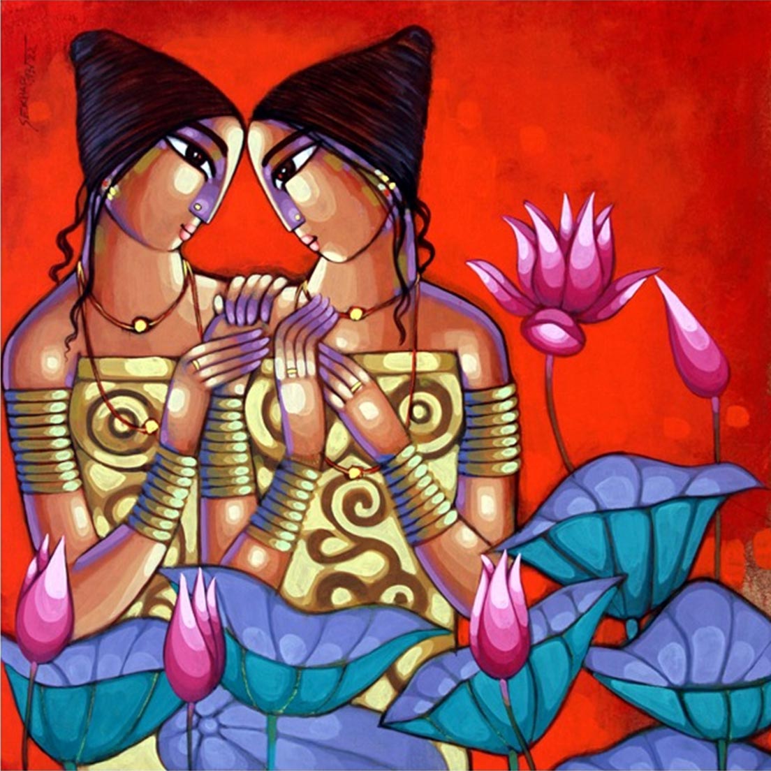 Figurative Painting with Acrylic on Canvas "My Friends" art by Sekhar Roy