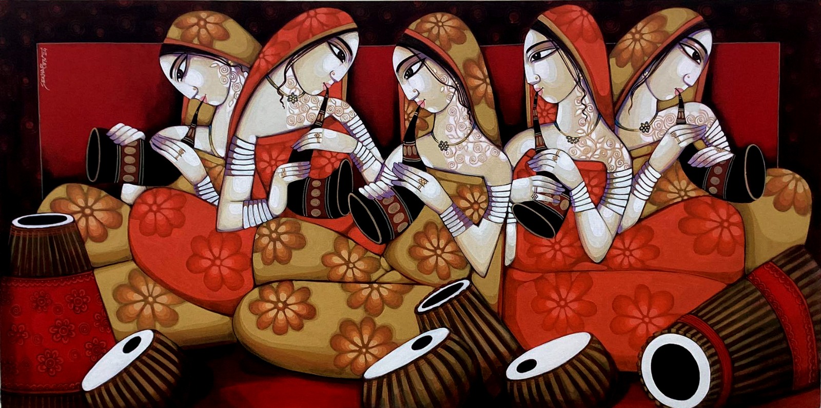 Figurative Painting with Acrylic on Canvas "Symphony-1497" art by Sekhar Roy