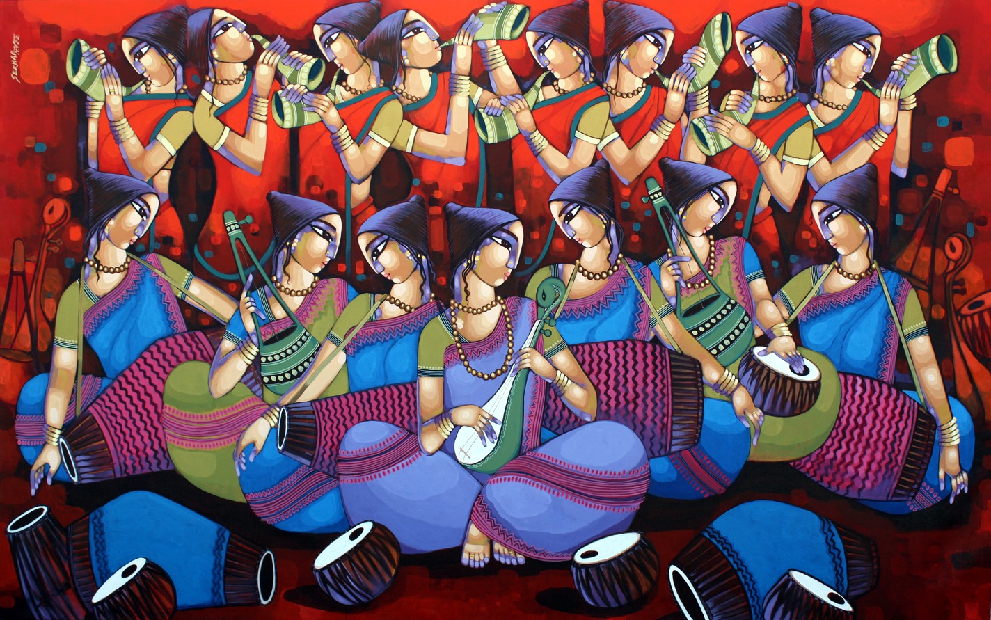 Figurative Painting with Acrylic on Canvas "Bengali Tune-887" art by Sekhar Roy