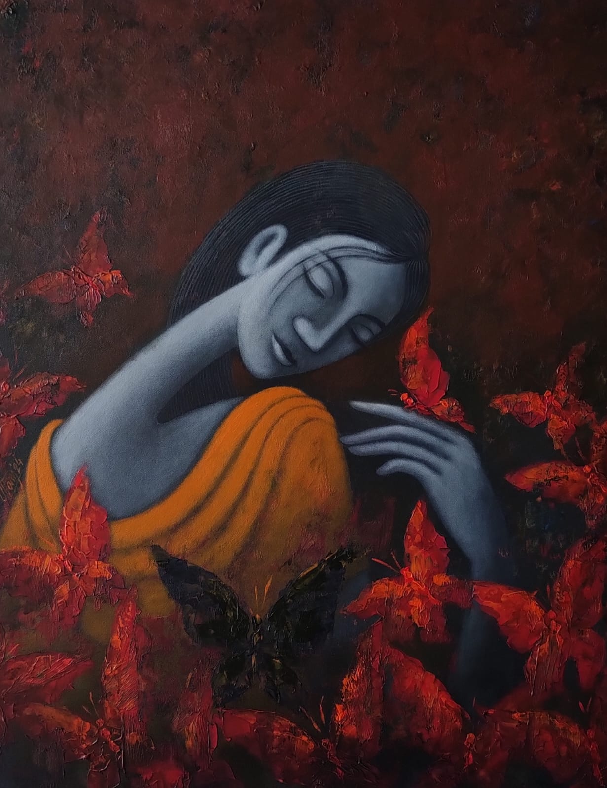 Figurative Painting with Acrylic on Canvas "My Dreams 4" art by Uttam Bhattacharya