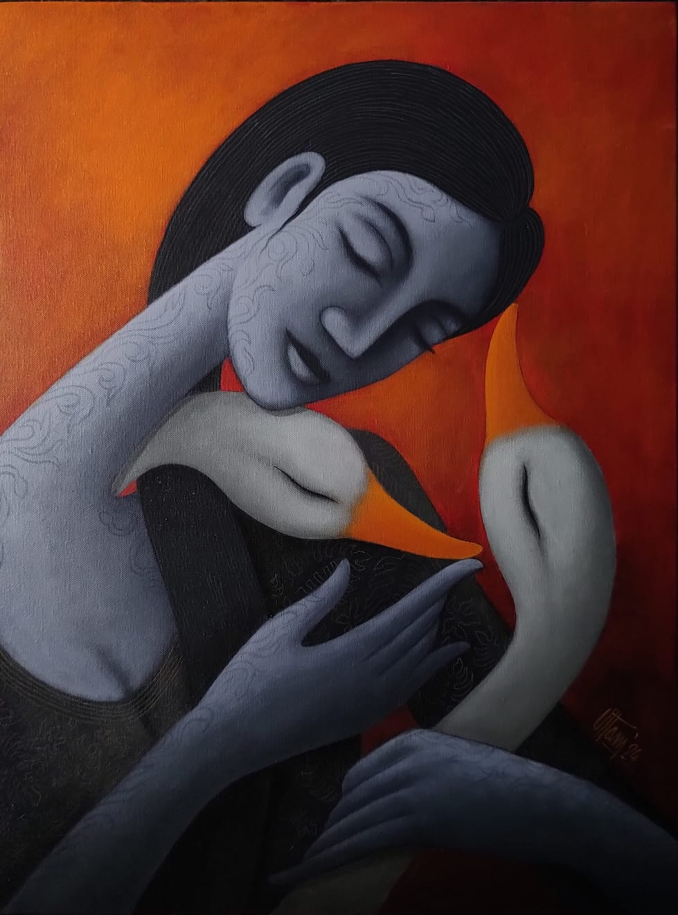 Figurative Painting with Acrylic on Canvas "Dream Love 11" art by Uttam Bhattacharya