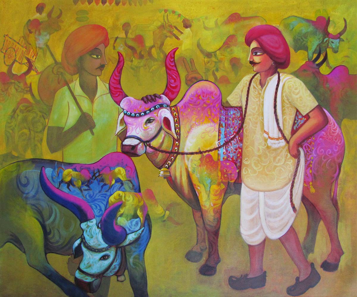 Figurative Painting with Acrylic on Canvas "Bull Market" art by Amit Joshii