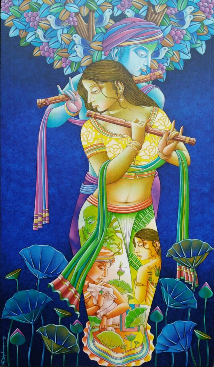 Figurative Painting with Acrylic on Canvas "Melody of Flute" art by Dipnarayan Paul