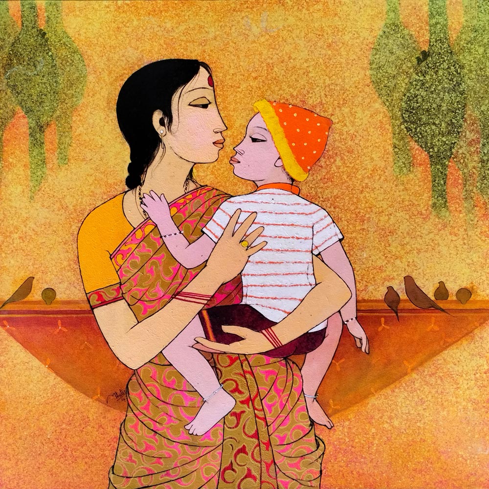 Figurative Painting with Acrylic on Canvas "Maternal bond" art by Rahul Mhetre