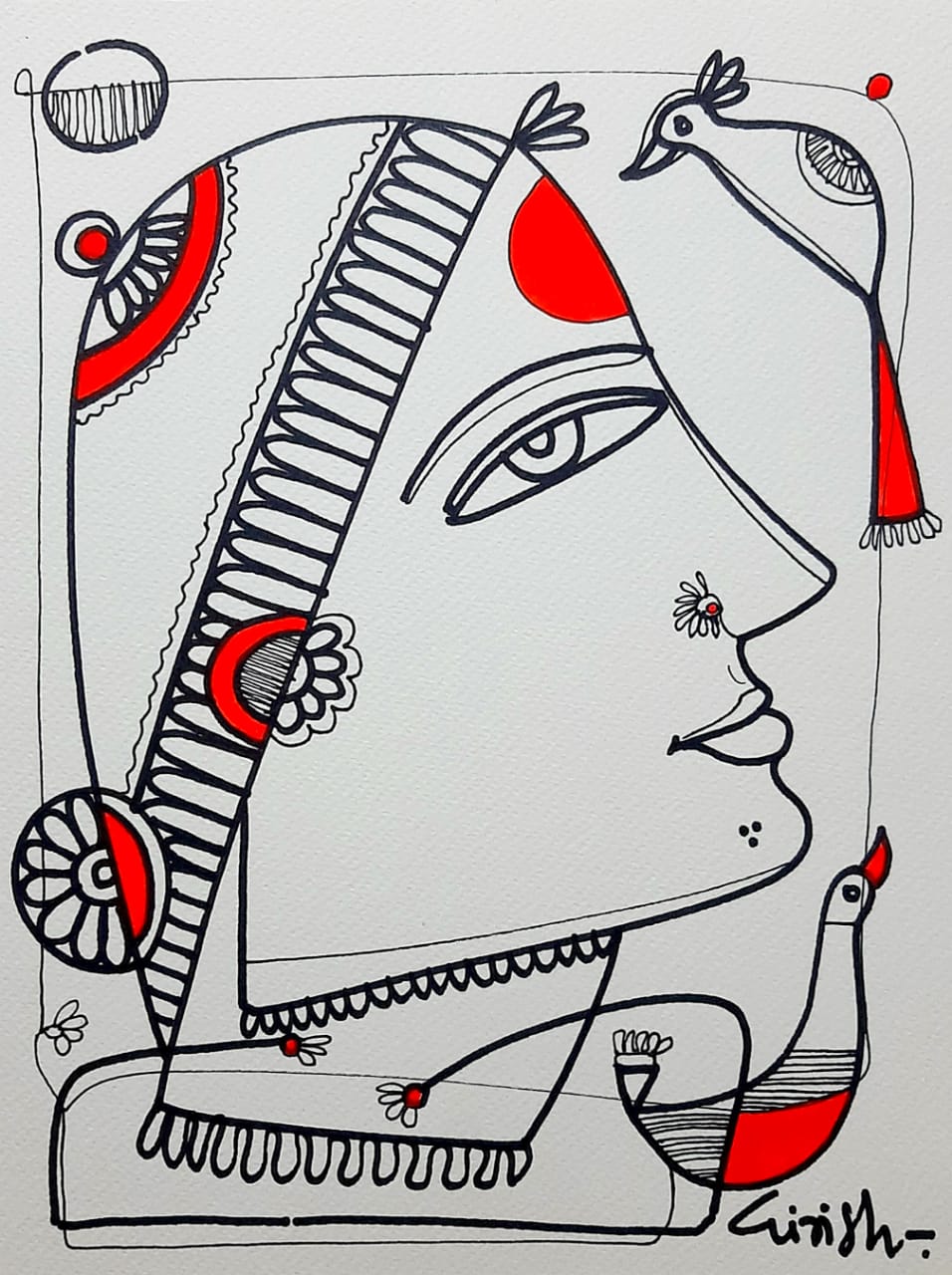 Figurative Drawing with Mixed Media on Paper "Lady with Bird" art by Girish Adannavar 