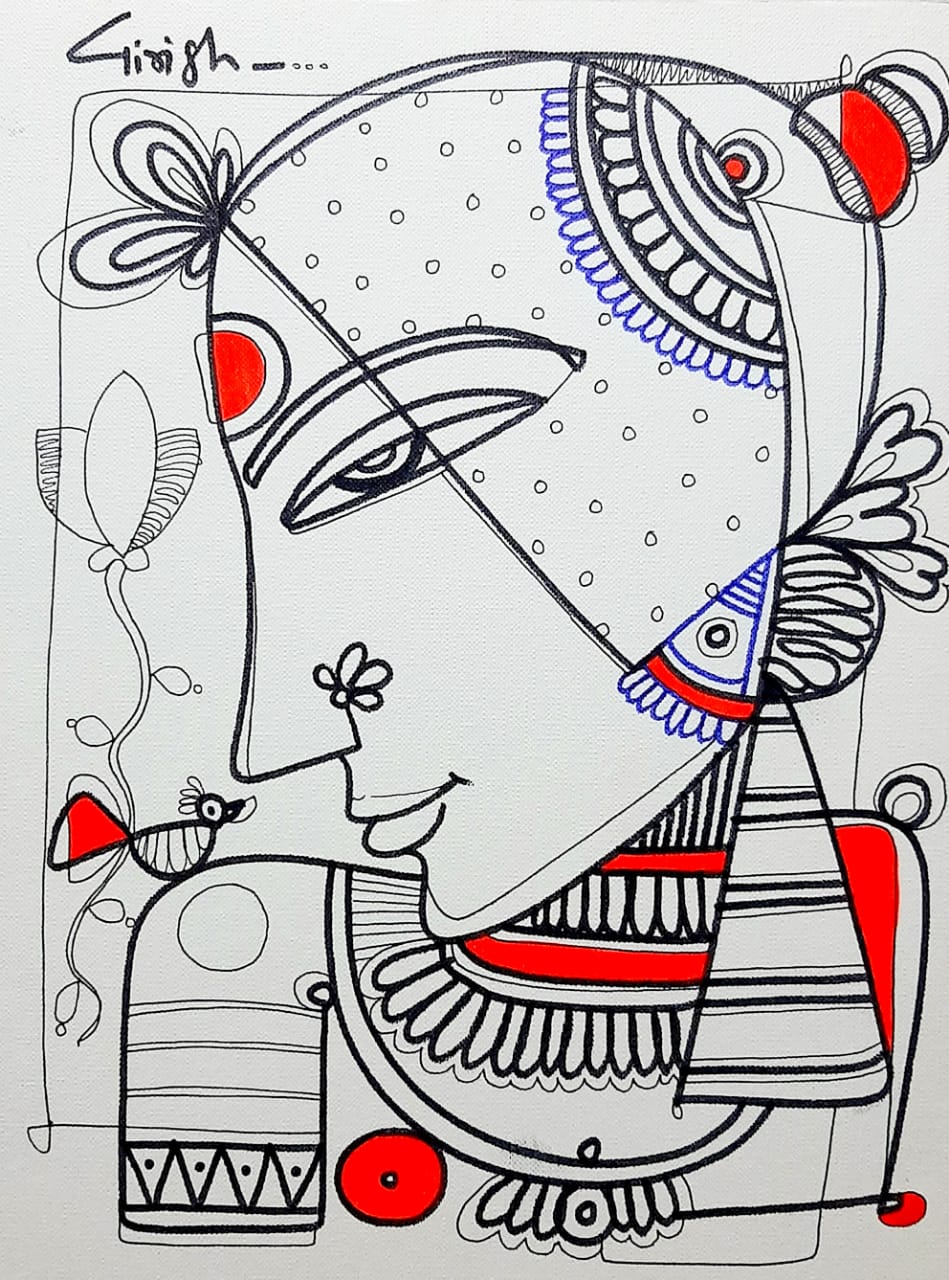 Figurative Drawing with Mixed Media on Paper "Expressions" art by Girish Adannavar 