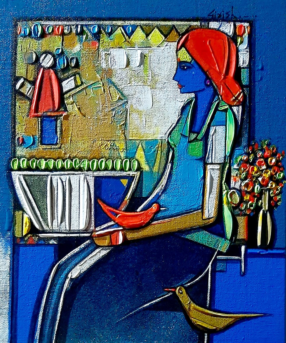 Figurative Painting with Acrylic on Canvas Board "Lady with Bird" art by Girish Adannavar 