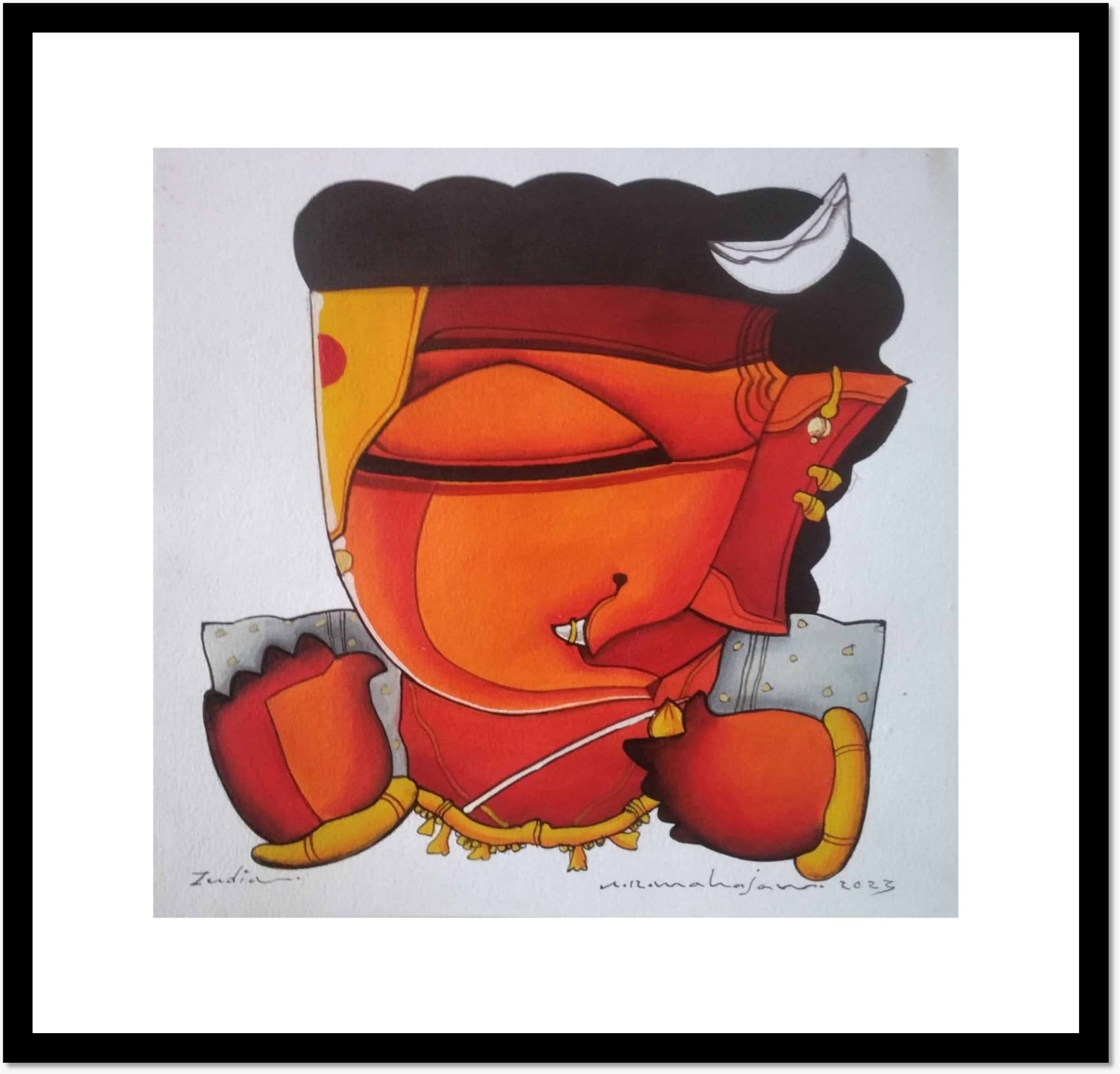 Figurative Painting with Acrylic on Paper "Ganesha" art by Arvind Rajaram Mahajan