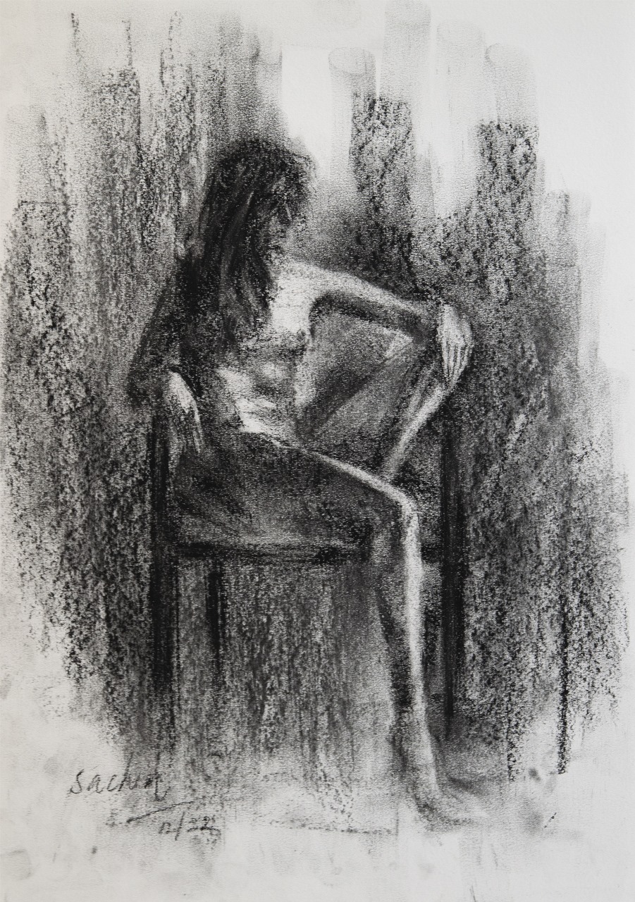 Figurative Drawing with Charcoal on Paper "Woman Sketch-2215" art by Sachin Upadhye