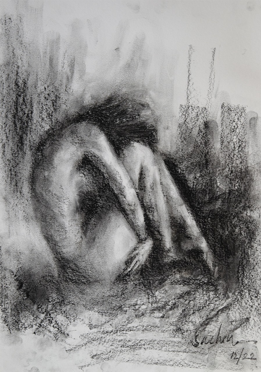 Figurative Drawing with Charcoal on Paper "Woman Sketch-471" art by Sachin Upadhye