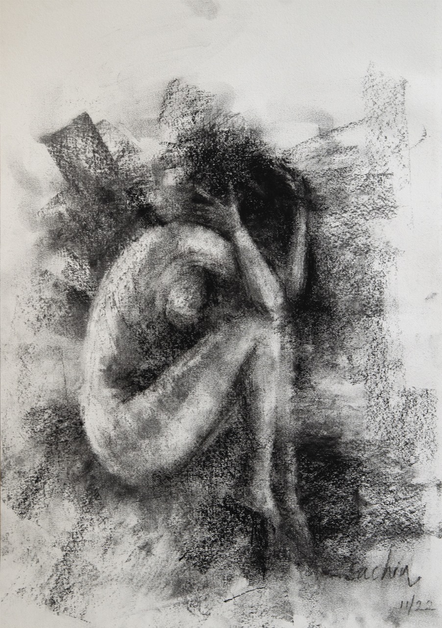 Figurative Drawing with Charcoal on Paper "Woman Sketch-472" art by Sachin Upadhye