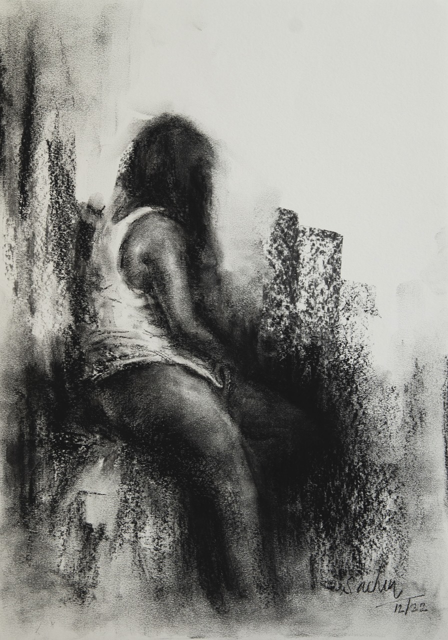 Figurative Drawing with Charcoal on Paper "Woman Sketch-643" art by Sachin Upadhye