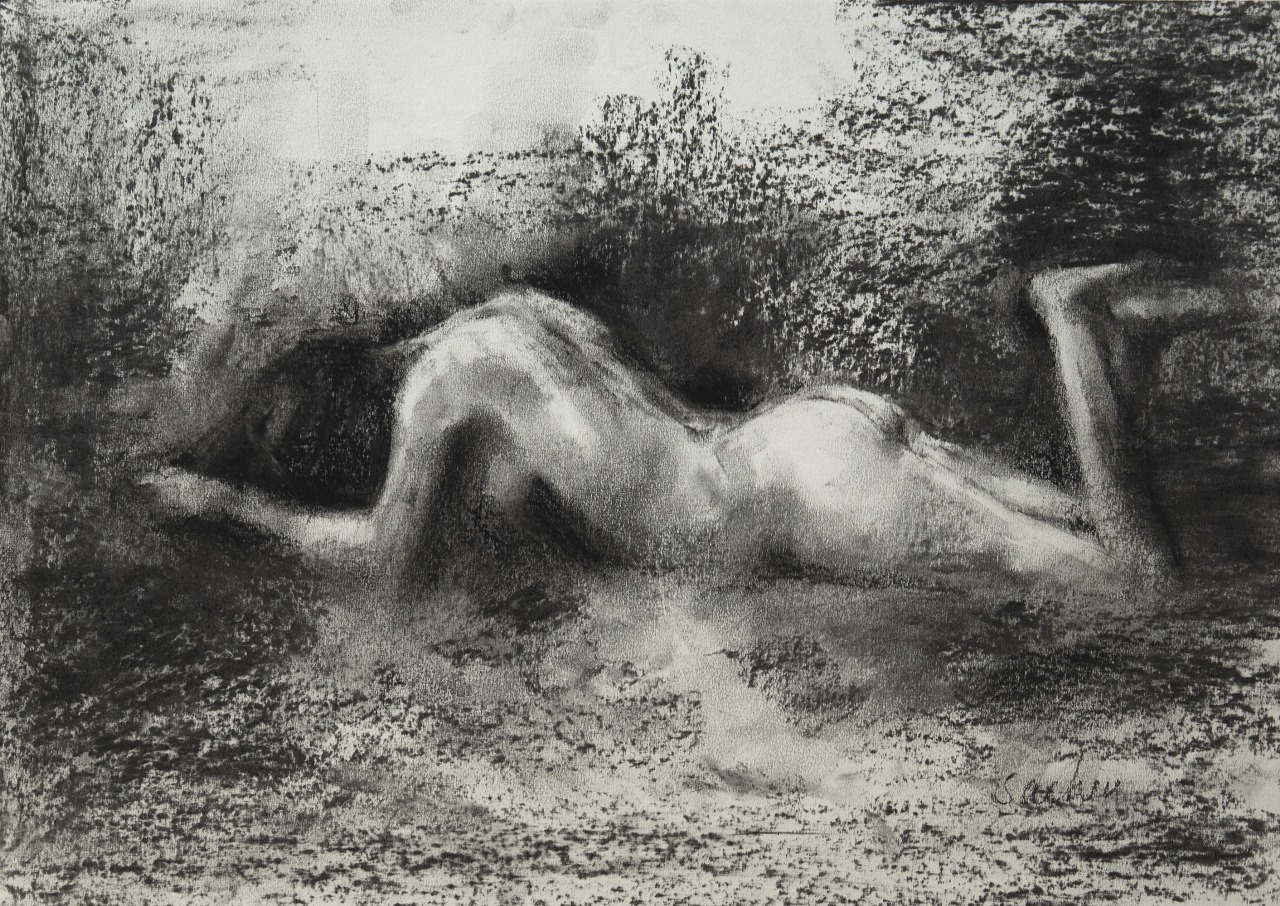 Figurative Drawing with Charcoal on Paper "Woman Sketch-644" art by Sachin Upadhye